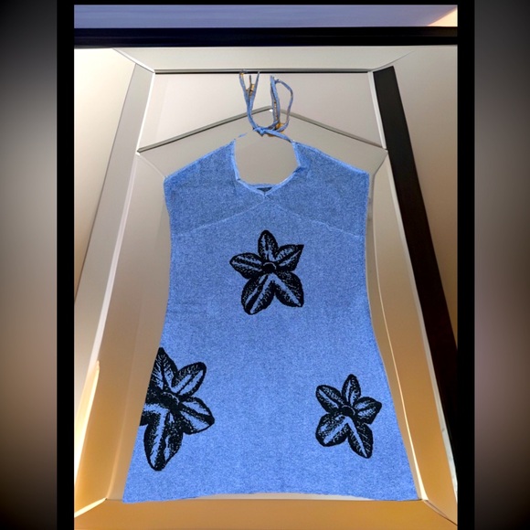 Honor The Gift Blue W/Black Lotus Flowers Halter Open Back knitted Sun Dress - Picture 1 of 14